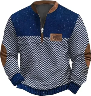 Men's Casual Quarter-Zip Sweaters Outdoor Long Sleeve Slim Fit Designer Retro Knit Pattern Pullover Sweatshirts