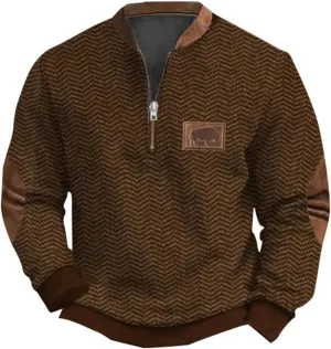 Men's Casual Quarter-Zip Sweaters Outdoor Long Sleeve Slim Fit Designer Retro Knit Pattern Pullover Sweatshirts