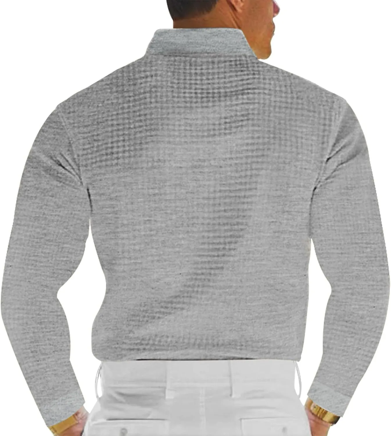Men's Casual Vacation Solid Golf Shirt Waffle Lapel Long Sleeve Polo Shirts 2024 Fall Lightweight Button Up Tops