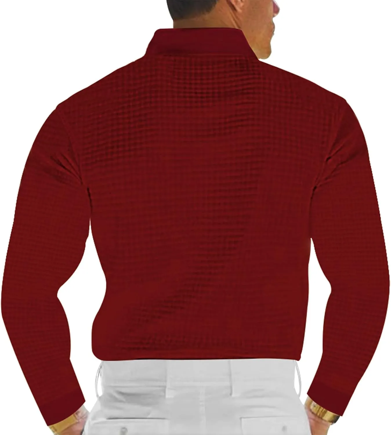 Men's Casual Vacation Solid Golf Shirt Waffle Lapel Long Sleeve Polo Shirts 2024 Fall Lightweight Button Up Tops