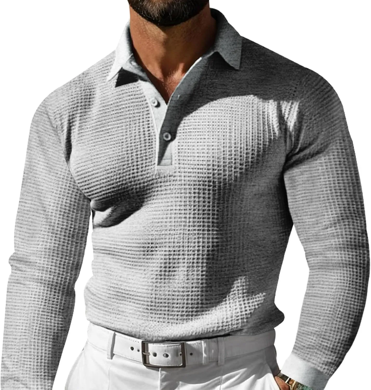 Men's Casual Vacation Solid Golf Shirt Waffle Lapel Long Sleeve Polo Shirts 2024 Fall Lightweight Button Up Tops