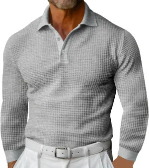 Men's Casual Vacation Solid Golf Shirt Waffle Lapel Long Sleeve Polo Shirts 2024 Fall Lightweight Button Up Tops