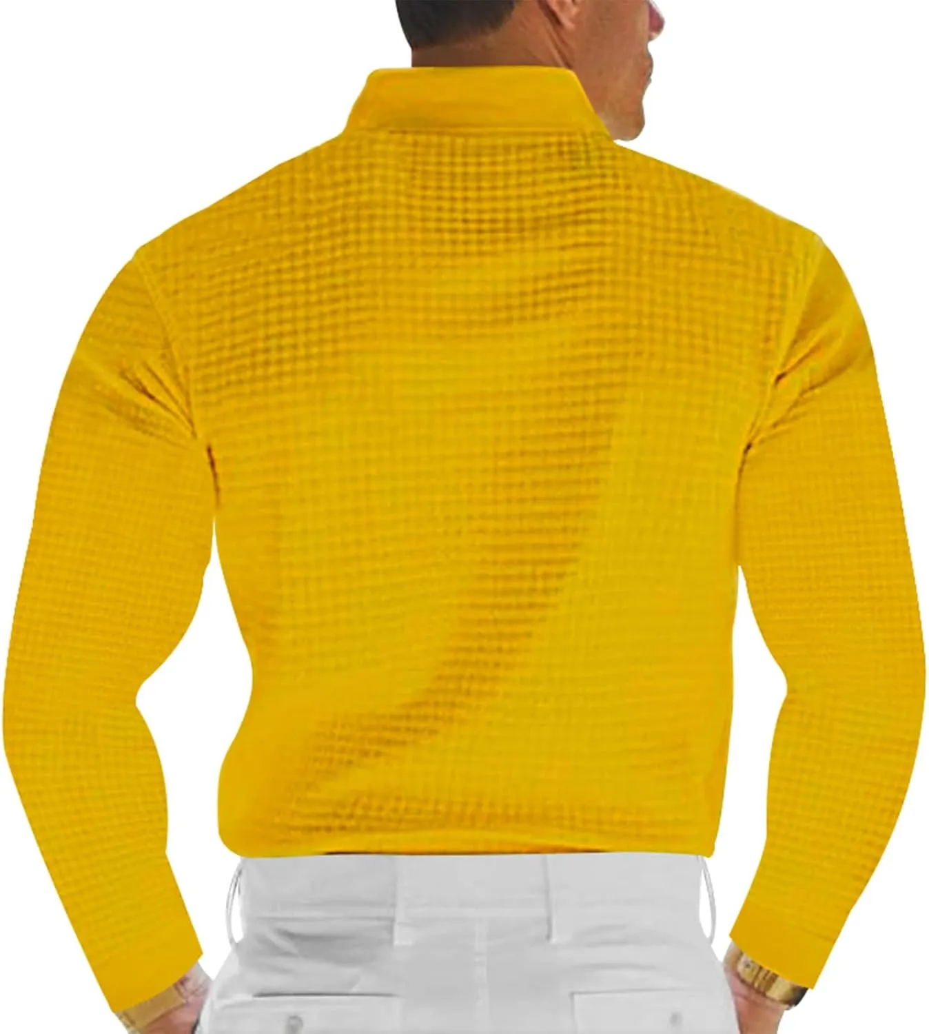 Men's Casual Vacation Solid Golf Shirt Waffle Lapel Long Sleeve Polo Shirts 2024 Fall Lightweight Button Up Tops