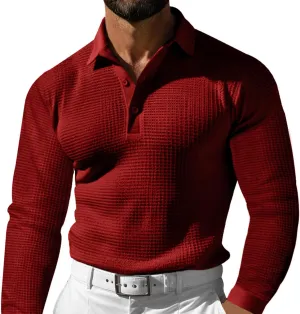 Men's Casual Vacation Solid Golf Shirt Waffle Lapel Long Sleeve Polo Shirts 2024 Fall Lightweight Button Up Tops