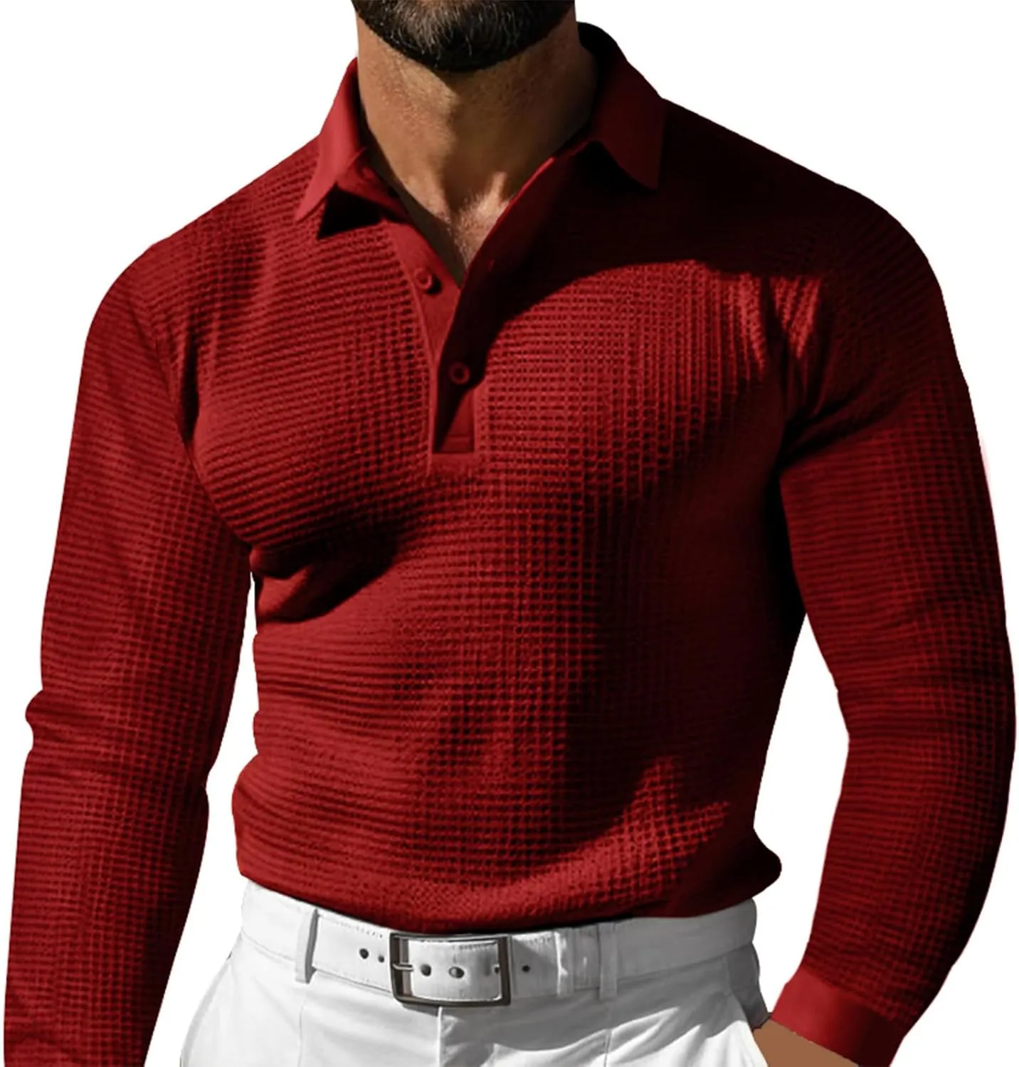 Men's Casual Vacation Solid Golf Shirt Waffle Lapel Long Sleeve Polo Shirts 2024 Fall Lightweight Button Up Tops
