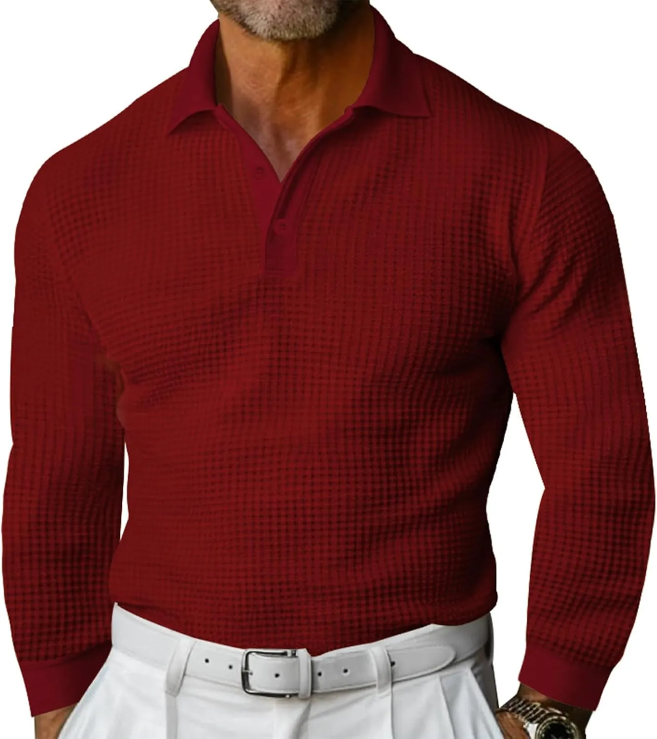 Men's Casual Vacation Solid Golf Shirt Waffle Lapel Long Sleeve Polo Shirts 2024 Fall Lightweight Button Up Tops
