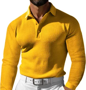 Men's Casual Vacation Solid Golf Shirt Waffle Lapel Long Sleeve Polo Shirts 2024 Fall Lightweight Button Up Tops