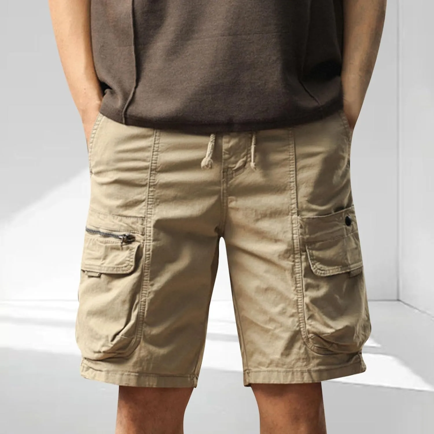 Mens Classic-Fit Cargo Shorts for Hiking Climbing Cotton Elastic Waist Multi-Pocket Summer Workout Gym Camping Shorts