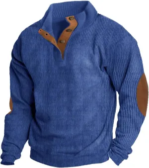Mens Corduroy Sweatshirt Casual Stand Collar Button Up Pullover Long Sleeve Polo Sweater Shirts with Elbow Patches