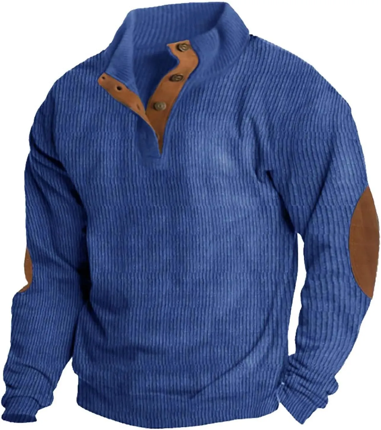 Mens Corduroy Sweatshirt Casual Stand Collar Button Up Pullover Long Sleeve Polo Sweater Shirts with Elbow Patches