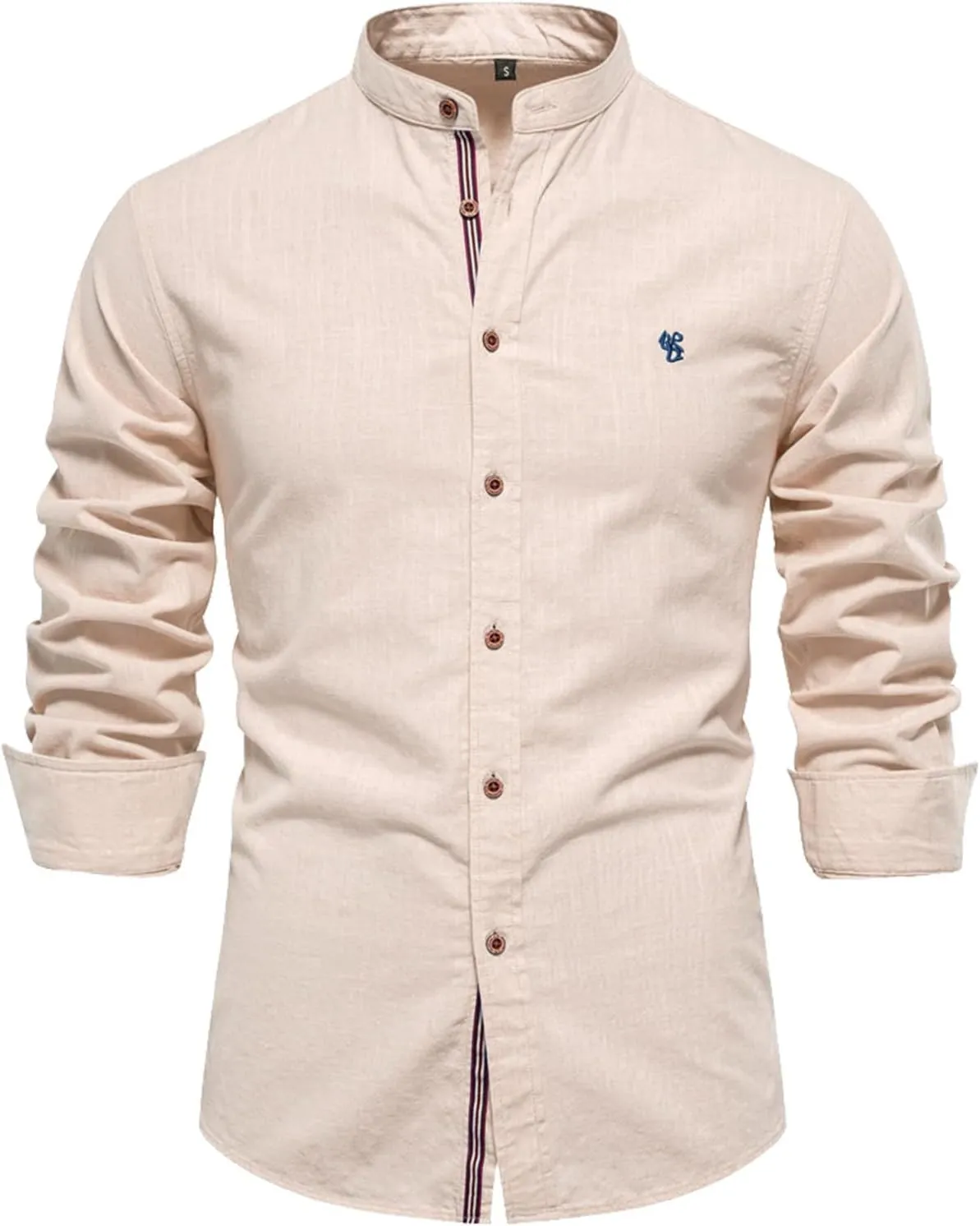 Mens Cotton Linen Banded Collar Beach Shirts Long Sleeve Slim Fit Business Dress Shirts Casual Button Down Work Tops