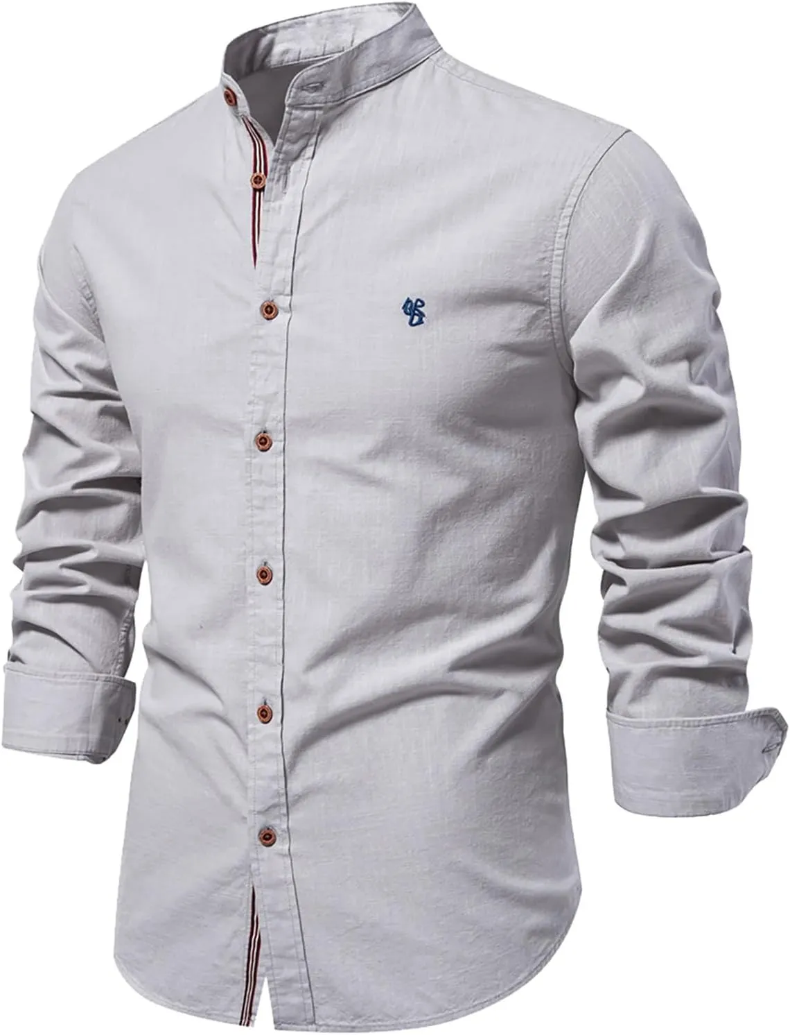 Mens Cotton Linen Banded Collar Beach Shirts Long Sleeve Slim Fit Business Dress Shirts Casual Button Down Work Tops