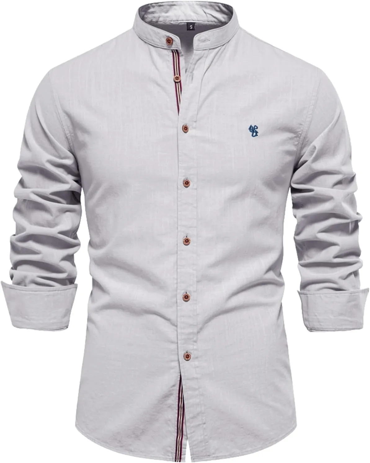 Mens Cotton Linen Banded Collar Beach Shirts Long Sleeve Slim Fit Business Dress Shirts Casual Button Down Work Tops