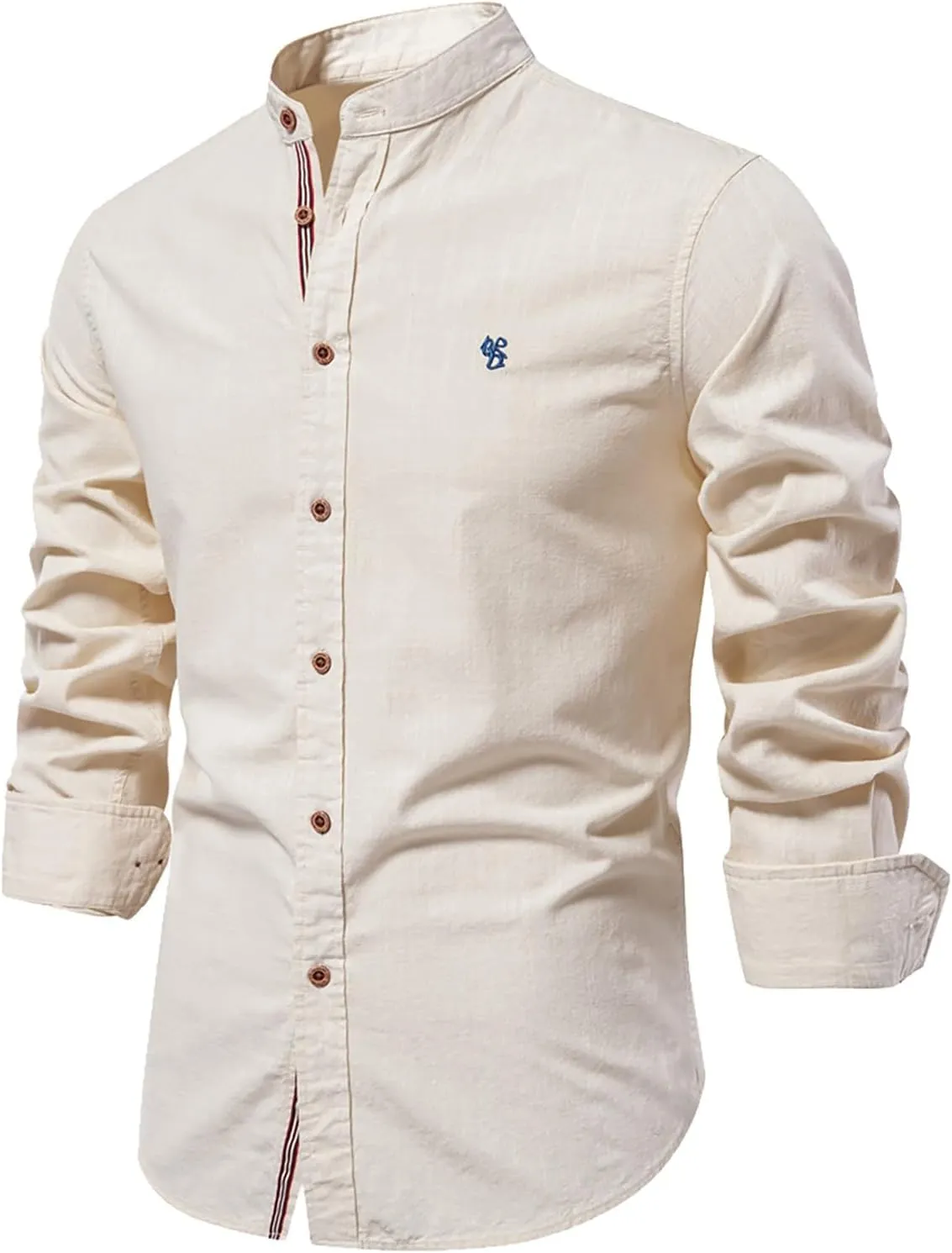Mens Cotton Linen Banded Collar Beach Shirts Long Sleeve Slim Fit Business Dress Shirts Casual Button Down Work Tops