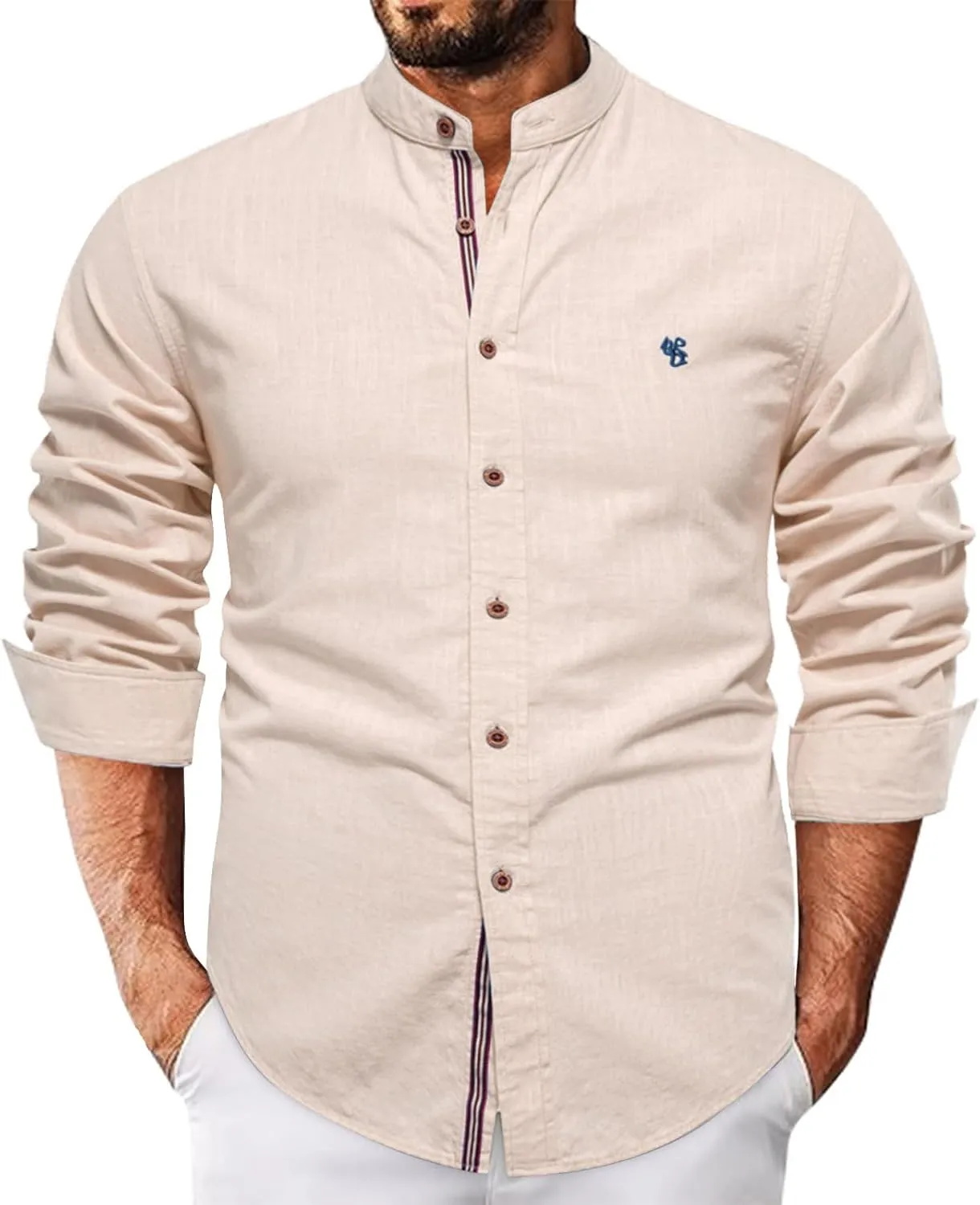Mens Cotton Linen Banded Collar Beach Shirts Long Sleeve Slim Fit Business Dress Shirts Casual Button Down Work Tops