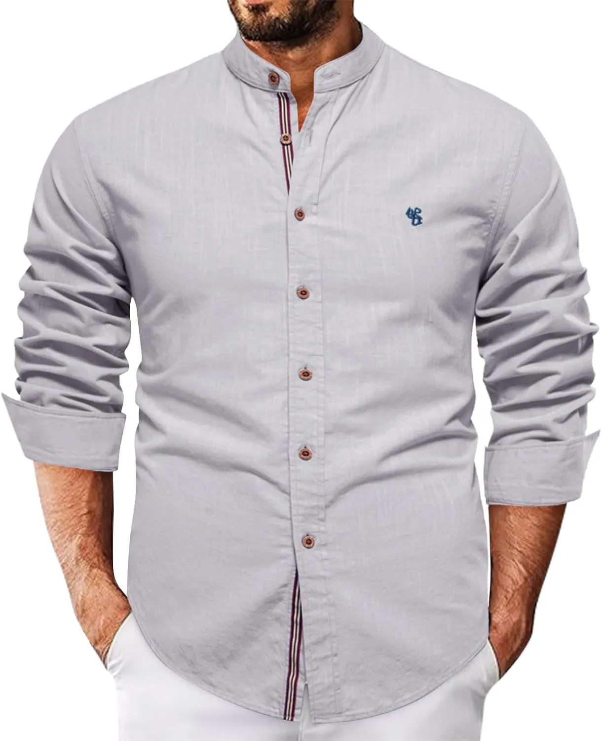 Mens Cotton Linen Banded Collar Beach Shirts Long Sleeve Slim Fit Business Dress Shirts Casual Button Down Work Tops