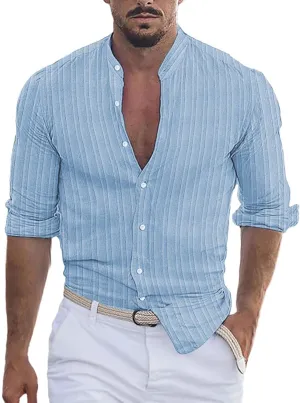 Men's Cotton Linen Button Down Shirts Textured Casual Regular Fit Banded Collar Long Sleeve Hippie Tops Business Dress Shirts