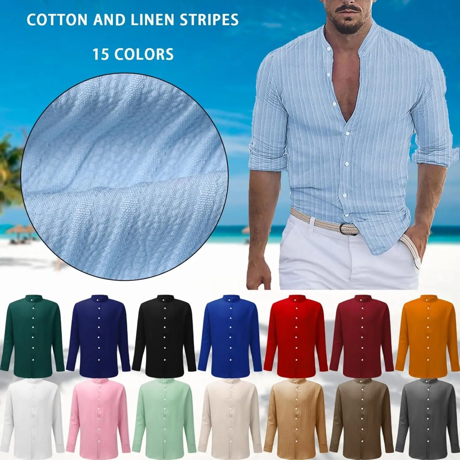 Men's Cotton Linen Button Down Shirts Textured Casual Regular Fit Banded Collar Long Sleeve Hippie Tops Business Dress Shirts