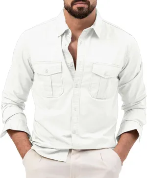 Men's Cotton Linen Casual Stylish Button Shirt Long Sleeved Solid Color Cotton Linen Shirt Men's Long Sleeve Shirts