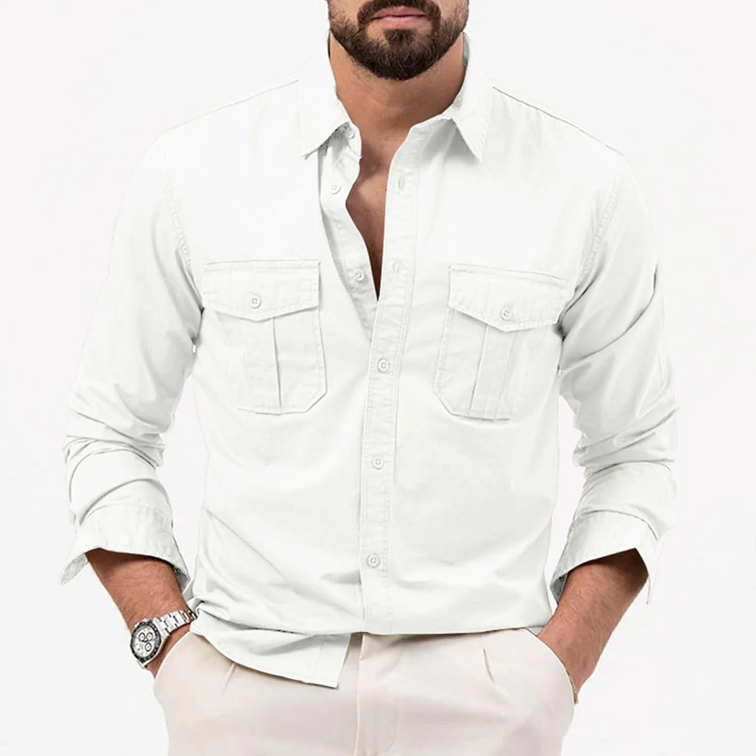 Men's Cotton Linen Casual Stylish Button Shirt Long Sleeved Solid Color Cotton Linen Shirt Men's Long Sleeve Shirts
