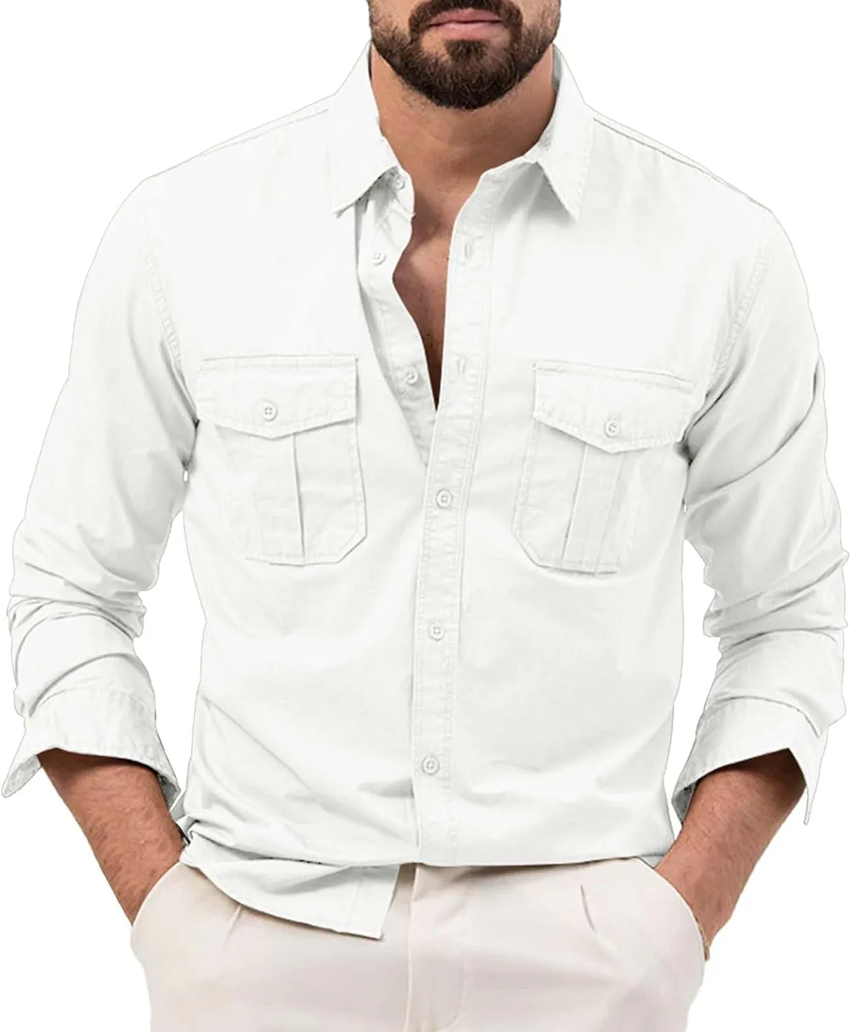 Men's Cotton Linen Casual Stylish Button Shirt Long Sleeved Solid Color Cotton Linen Shirt Men's Long Sleeve Shirts