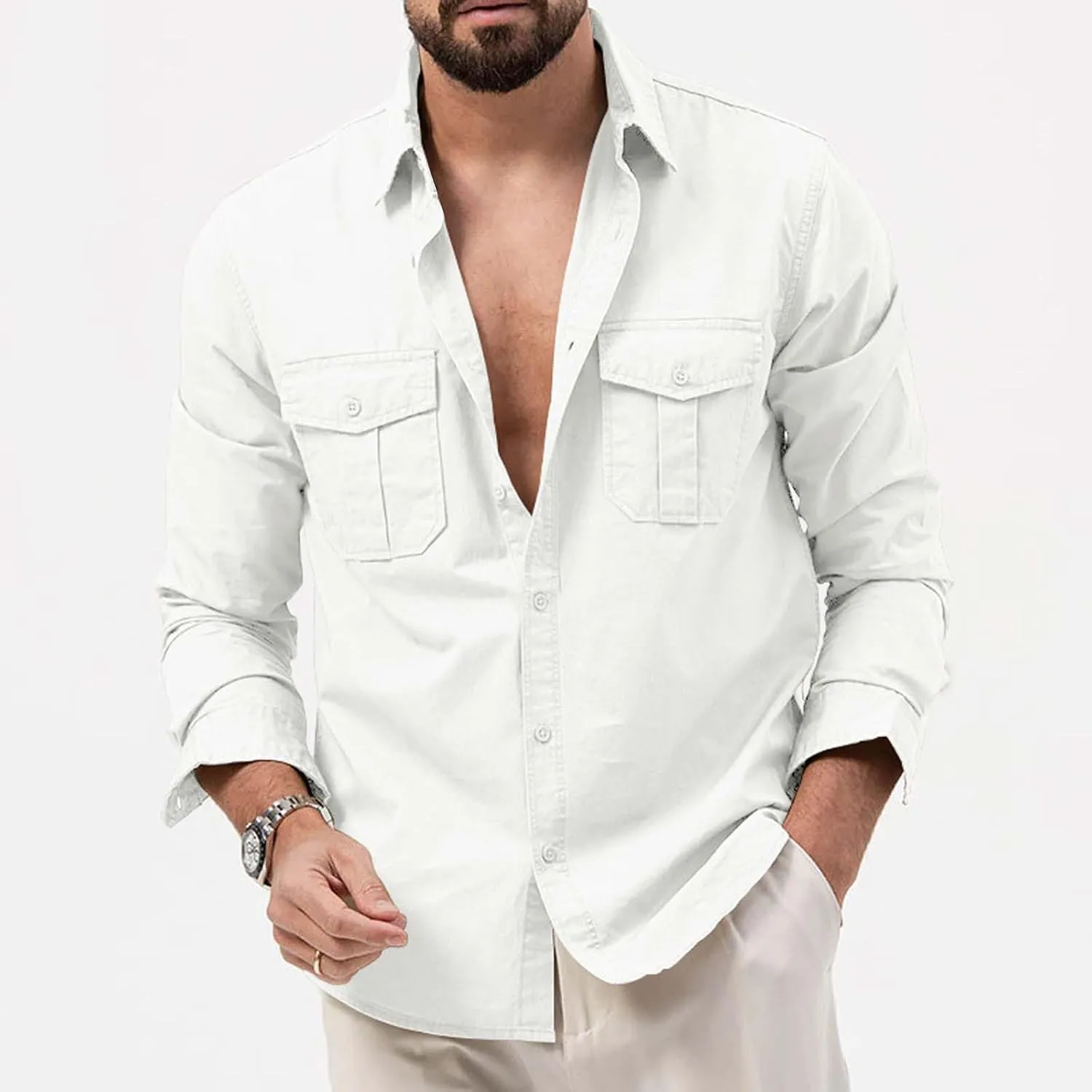 Men's Cotton Linen Casual Stylish Button Shirt Long Sleeved Solid Color Cotton Linen Shirt Men's Long Sleeve Shirts