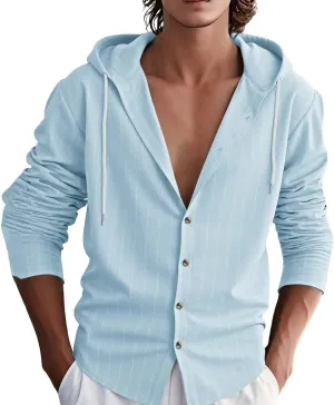Mens Cotton Linen Hoodies Striped Casual Long Sleeve V Neck Button Down Hooded Shirts Hawaiian Beach Yoga Sweatshirts