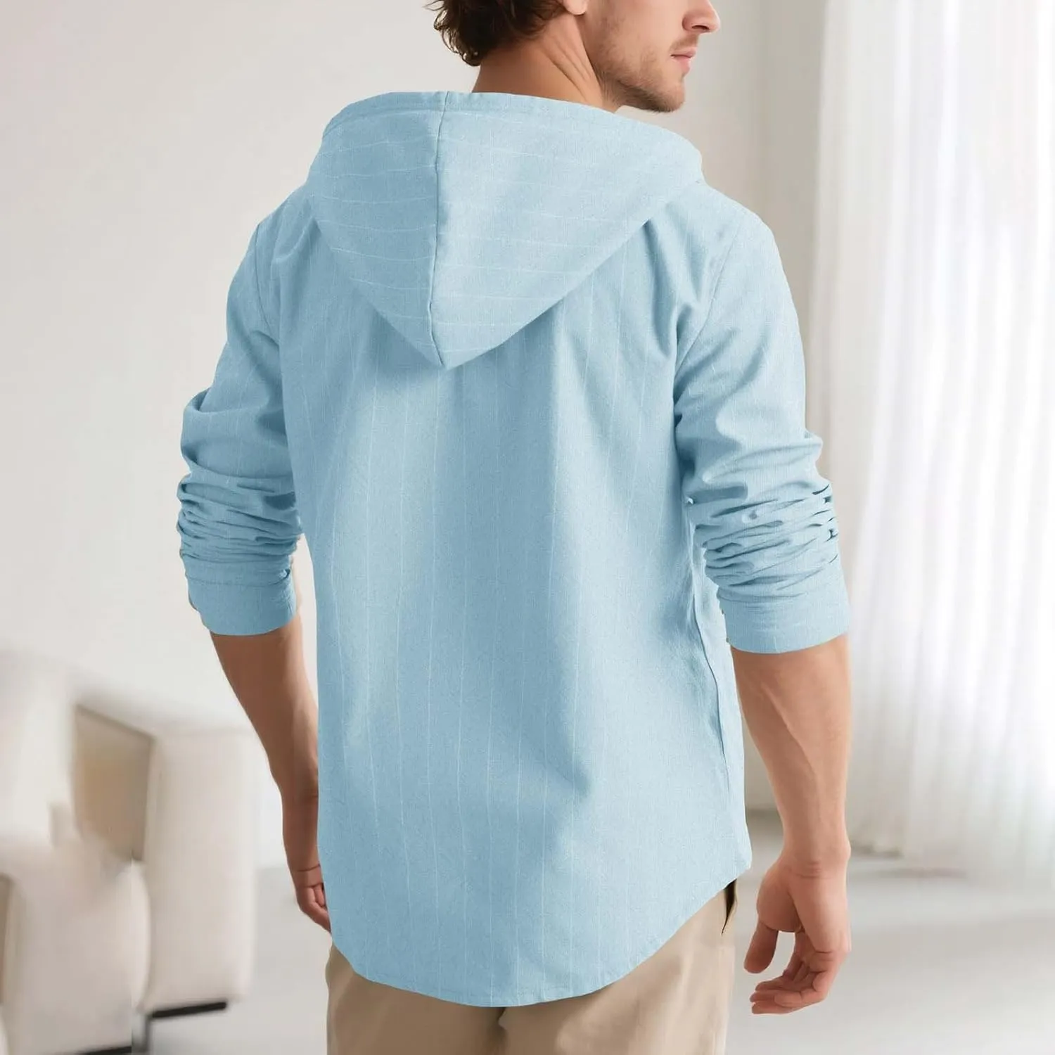 Mens Cotton Linen Hoodies Striped Casual Long Sleeve V Neck Button Down Hooded Shirts Hawaiian Beach Yoga Sweatshirts