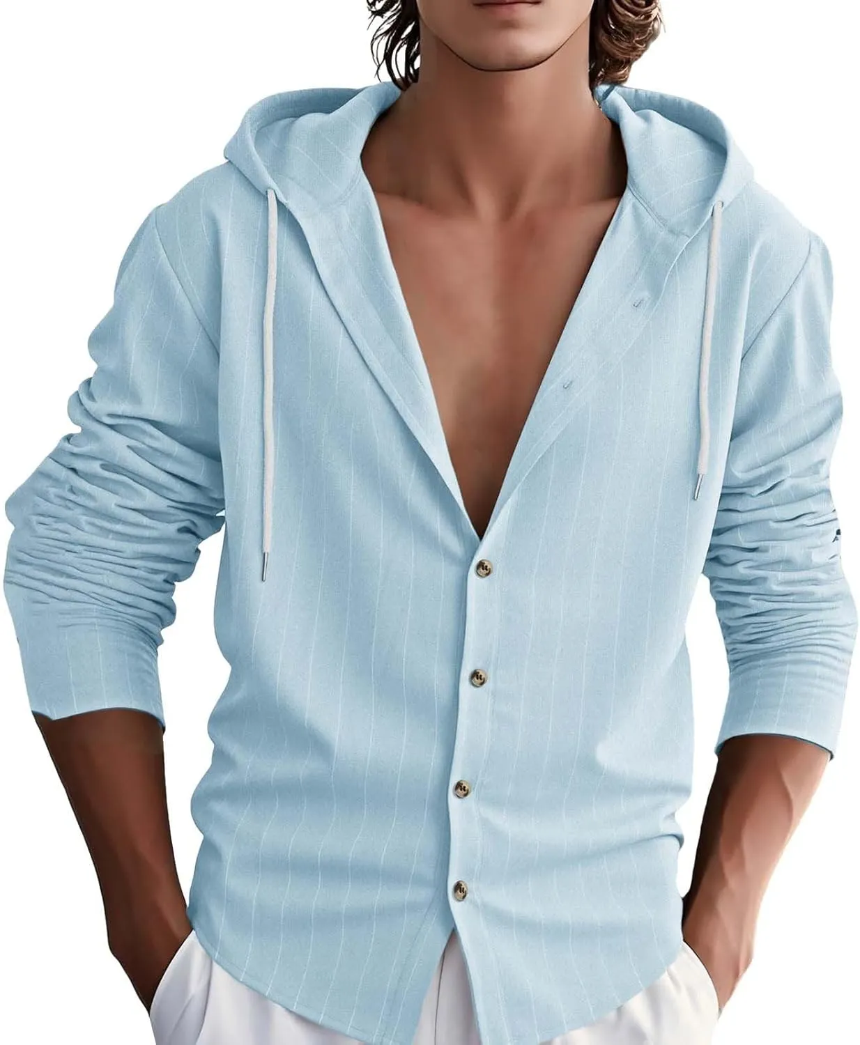 Mens Cotton Linen Hoodies Striped Casual Long Sleeve V Neck Button Down Hooded Shirts Hawaiian Beach Yoga Sweatshirts