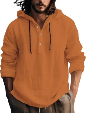 Men's Cotton Linen Shirts Lightweight Button Down Long Sleeve Hippie Shirt with Hood Summer Casual Beach Wedding Tops