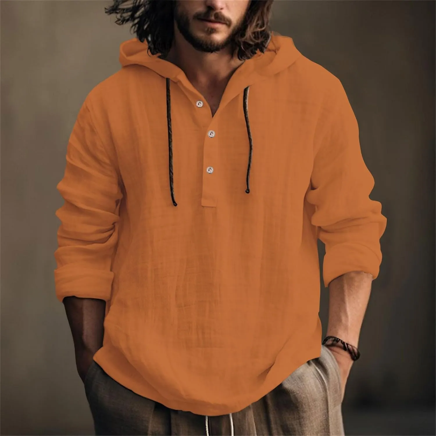 Men's Cotton Linen Shirts Lightweight Button Down Long Sleeve Hippie Shirt with Hood Summer Casual Beach Wedding Tops