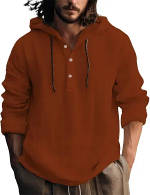 Mens Cotton Linen Shirts with Hood Long Sleeve Button Down Summer Tops Roll-Up Sleeve Lightweight Dry Fit Beach Tees