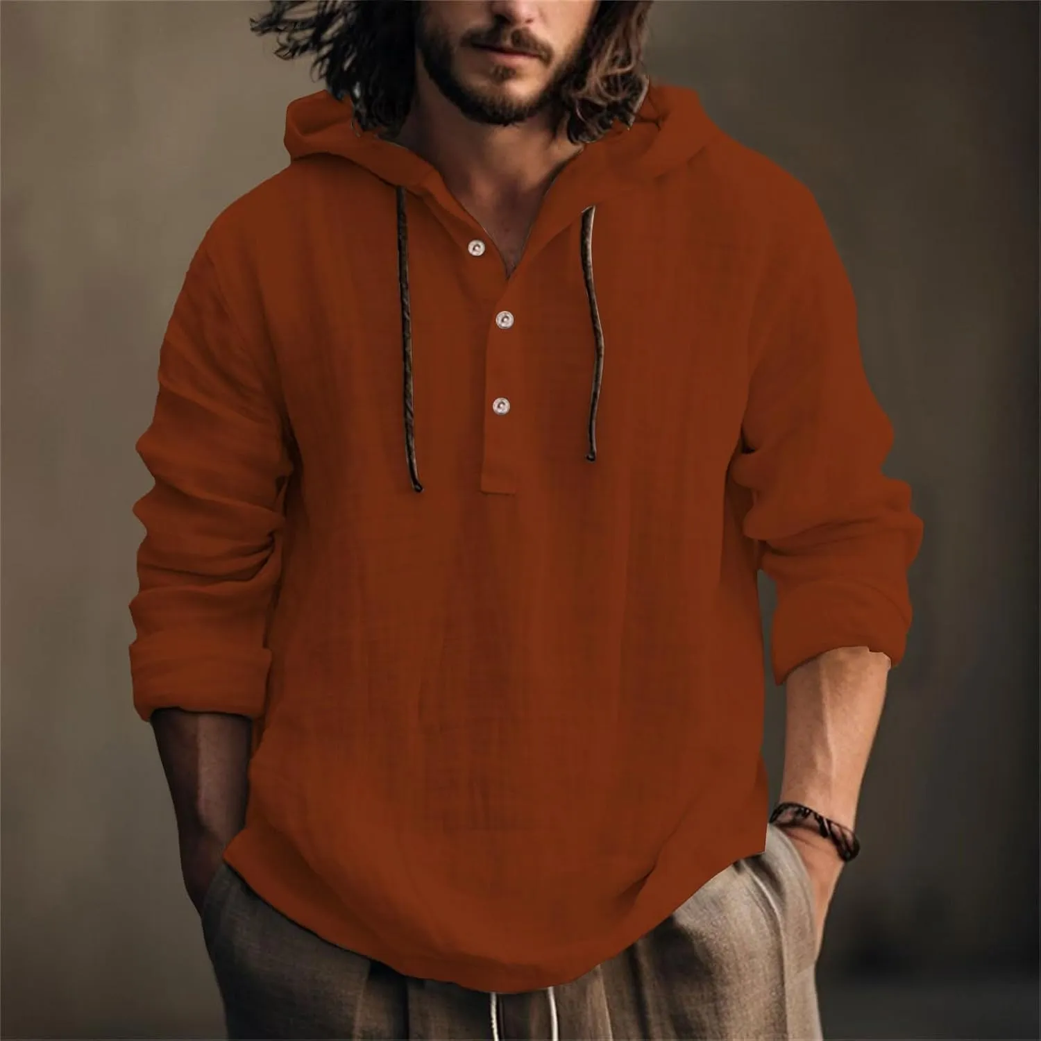 Mens Cotton Linen Shirts with Hood Long Sleeve Button Down Summer Tops Roll-Up Sleeve Lightweight Dry Fit Beach Tees