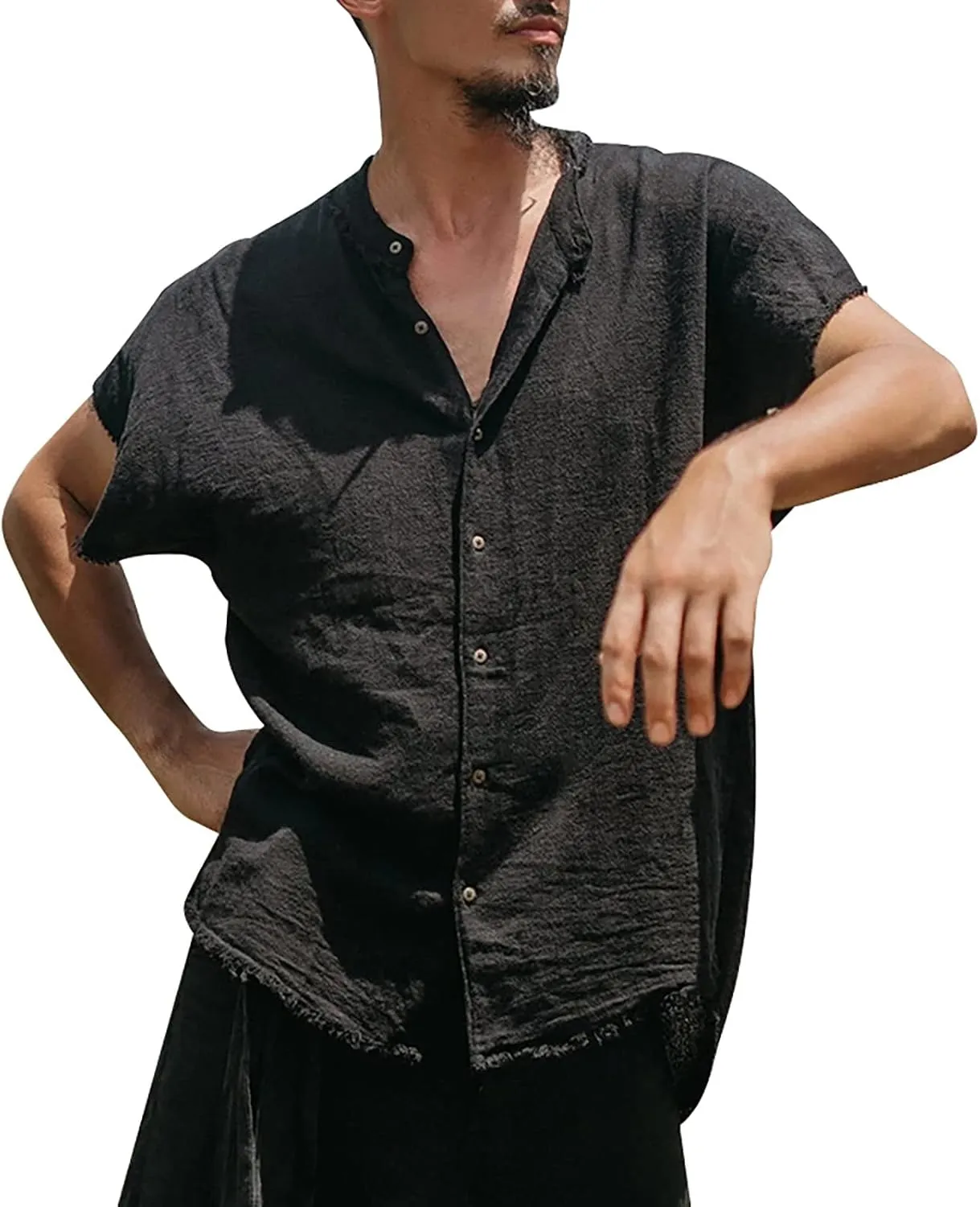 Mens Country Style Shirts Cotton Linen Loose Fit Short Sleeve Cardigan Frayed Hem Hippie Streetwear T-Shirts for Men