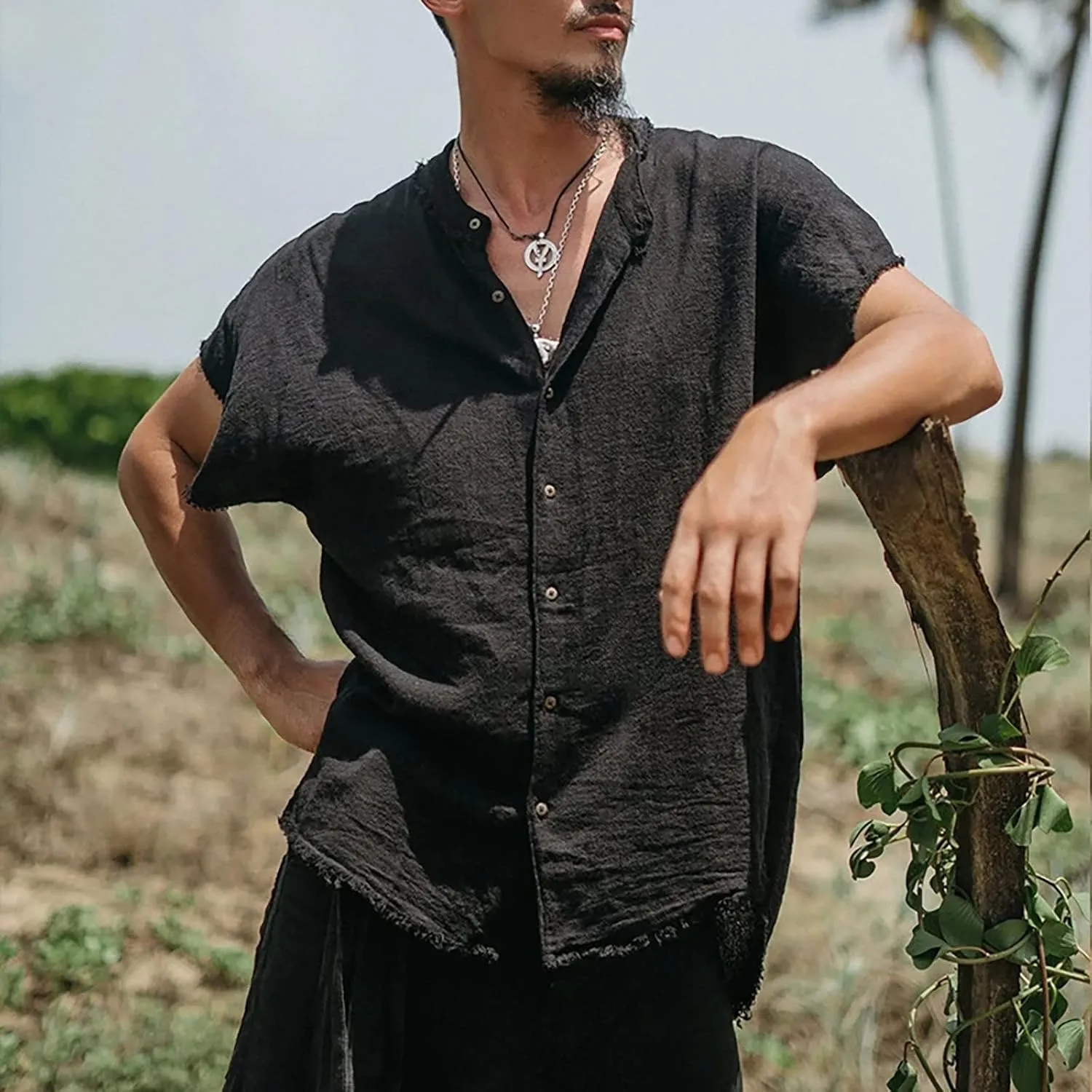 Mens Country Style Shirts Cotton Linen Loose Fit Short Sleeve Cardigan Frayed Hem Hippie Streetwear T-Shirts for Men