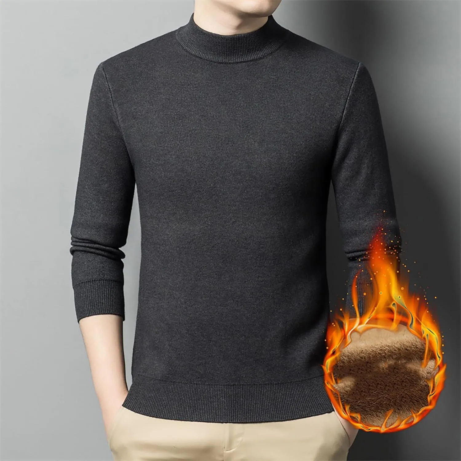 Men's Crewneck Sweater Sherpa Lined Sweatshirts Slim Fit Long Sleeve Underwear Fleece Winter Thermal Pullover Coats