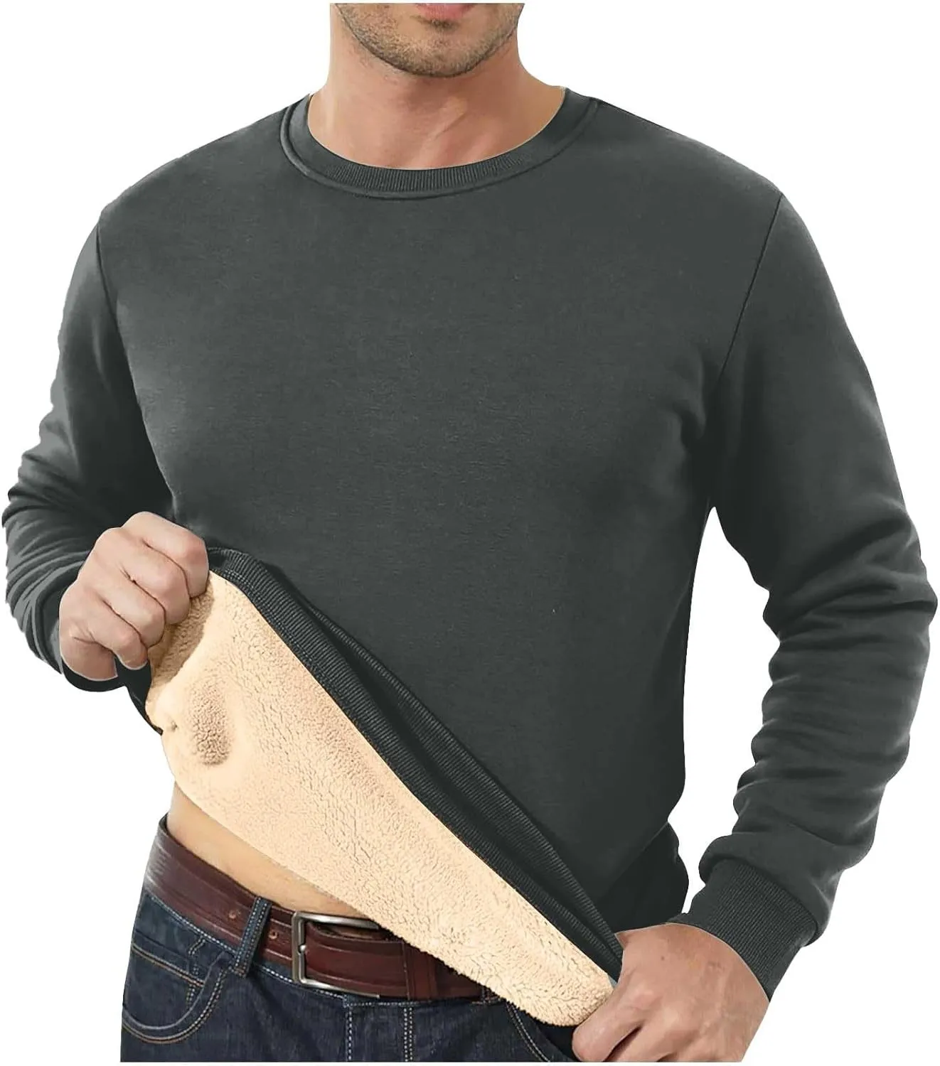 Men's Crewneck Sweatshirt Thick Warm Sherpa Lined Thermal Underwear Baselayer Long Sleeve Winter Fleece Pullover Tops