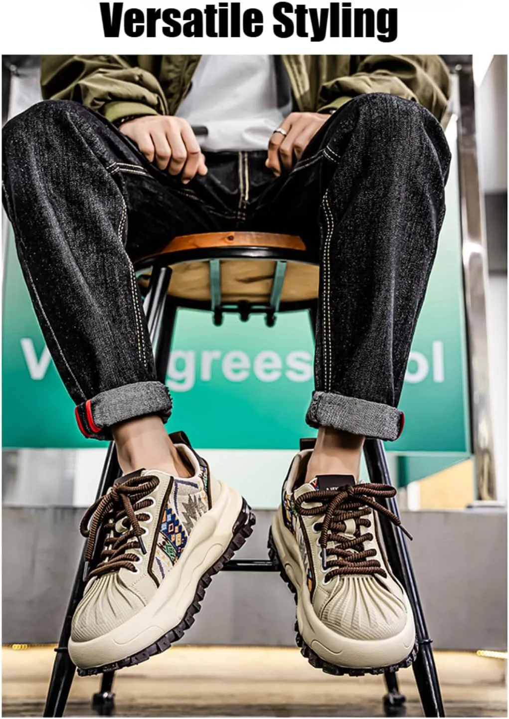 Men's Fashion 2.16" Inch Platform Sneakers Floral Pattern Patchwork Retro Comfortable Casual Walking Skate Shoes
