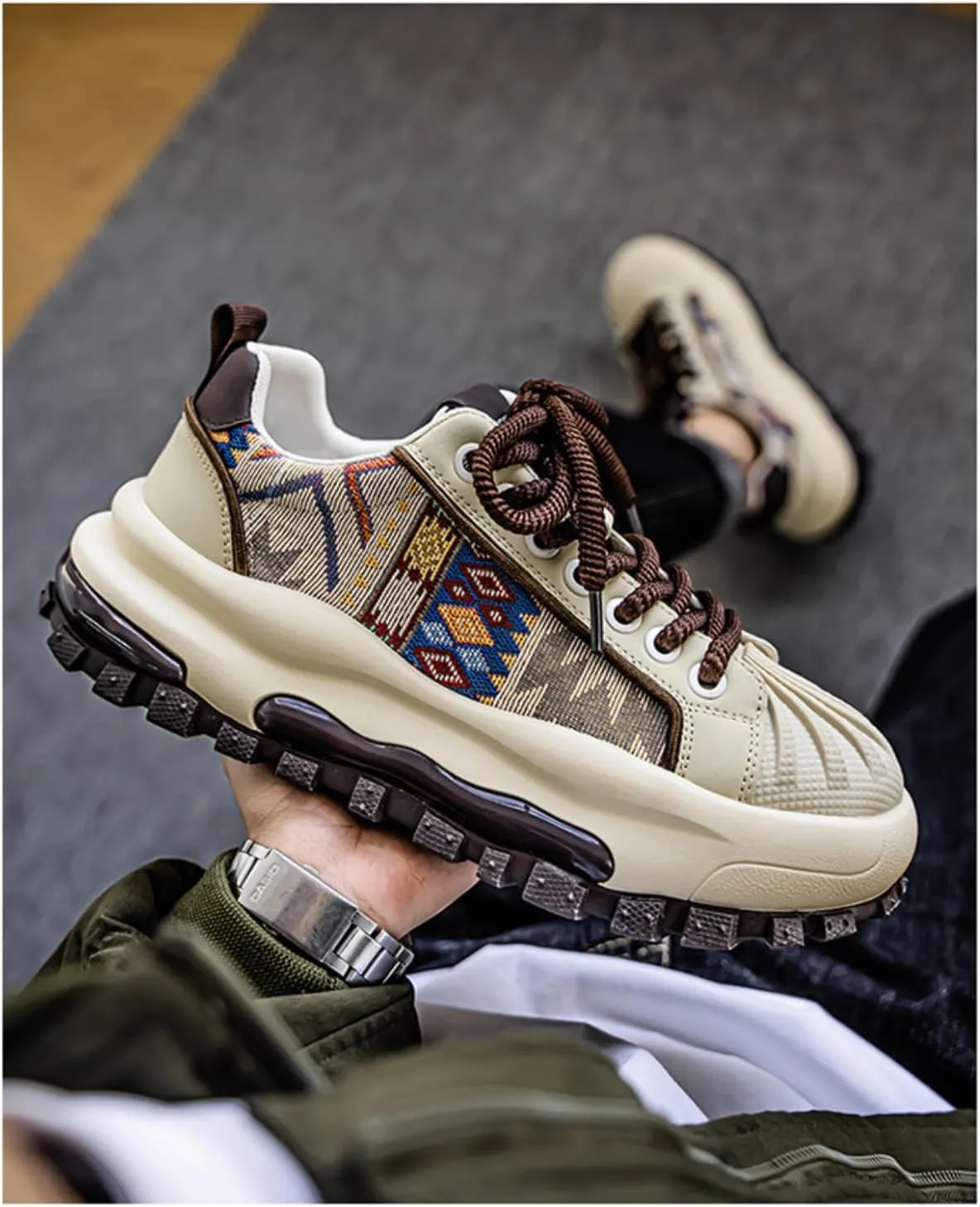 Men's Fashion 2.16" Inch Platform Sneakers Floral Pattern Patchwork Retro Comfortable Casual Walking Skate Shoes