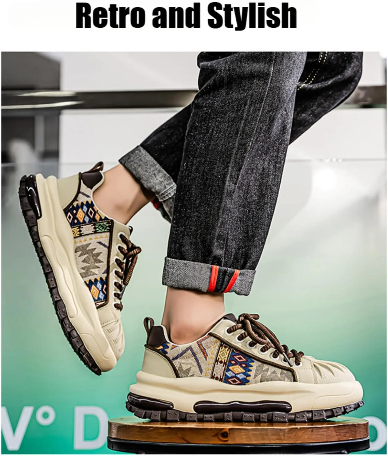 Men's Fashion 2.16" Inch Platform Sneakers Floral Pattern Patchwork Retro Comfortable Casual Walking Skate Shoes