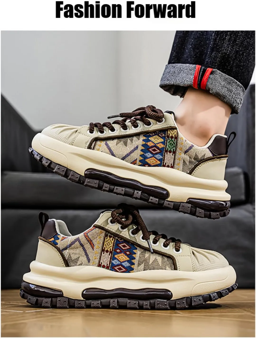 Men's Fashion 2.16" Inch Platform Sneakers Floral Pattern Patchwork Retro Comfortable Casual Walking Skate Shoes