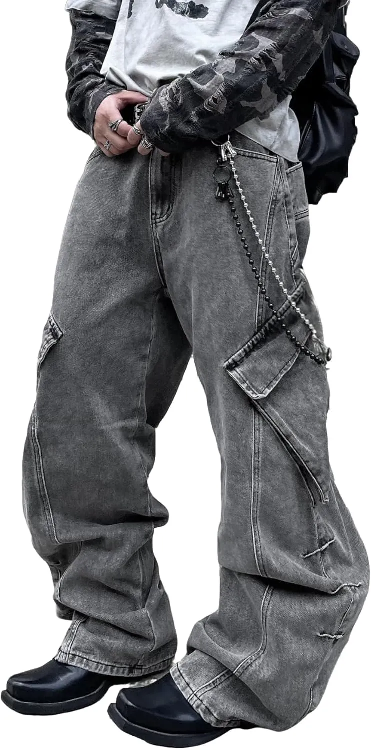 Mens Goth Baggy Cargo Jeans with Pockets Steampunk Patchwork Embroidery Wide Leg Denim Pants