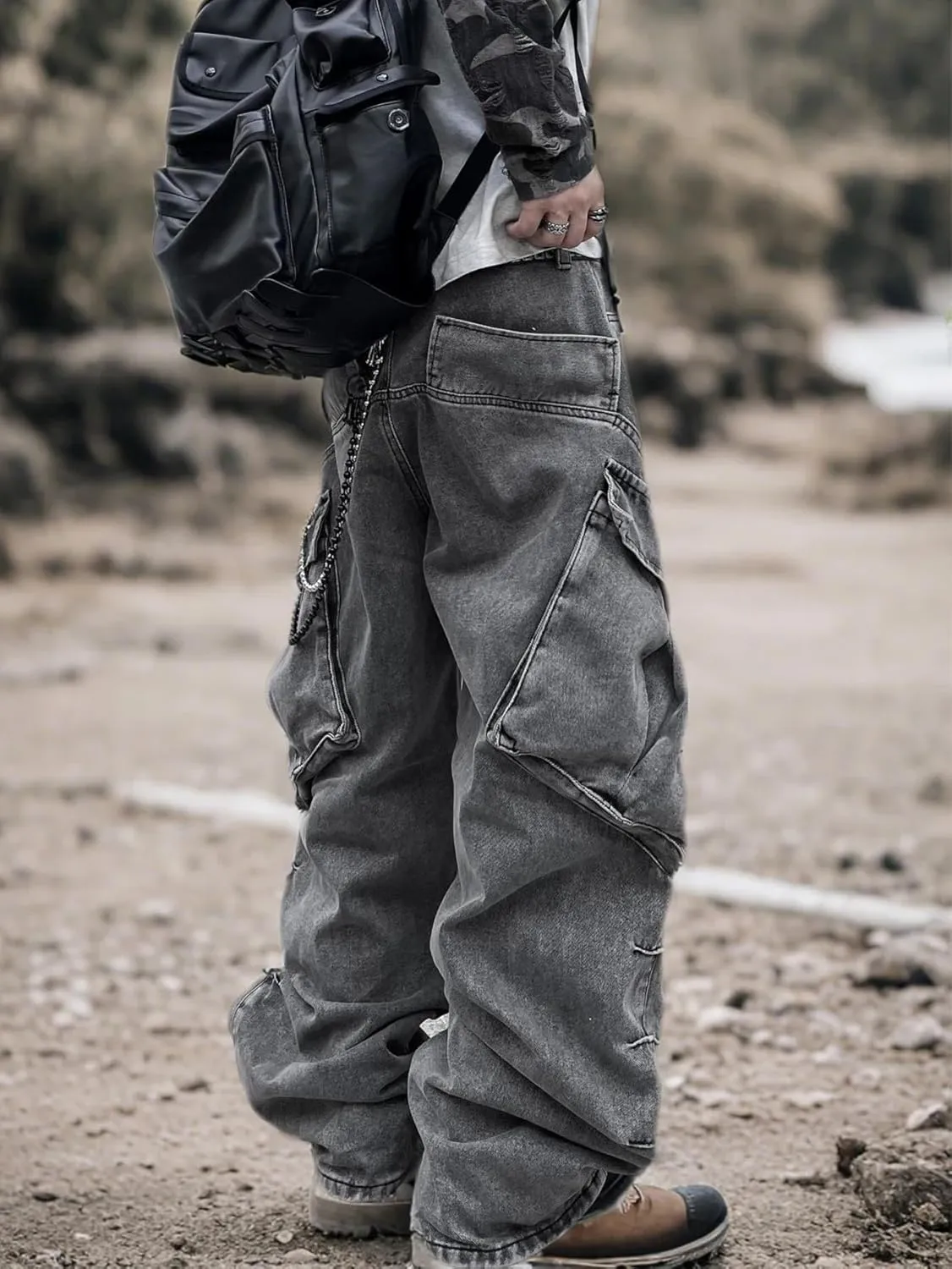Mens Goth Baggy Cargo Jeans with Pockets Steampunk Patchwork Embroidery Wide Leg Denim Pants