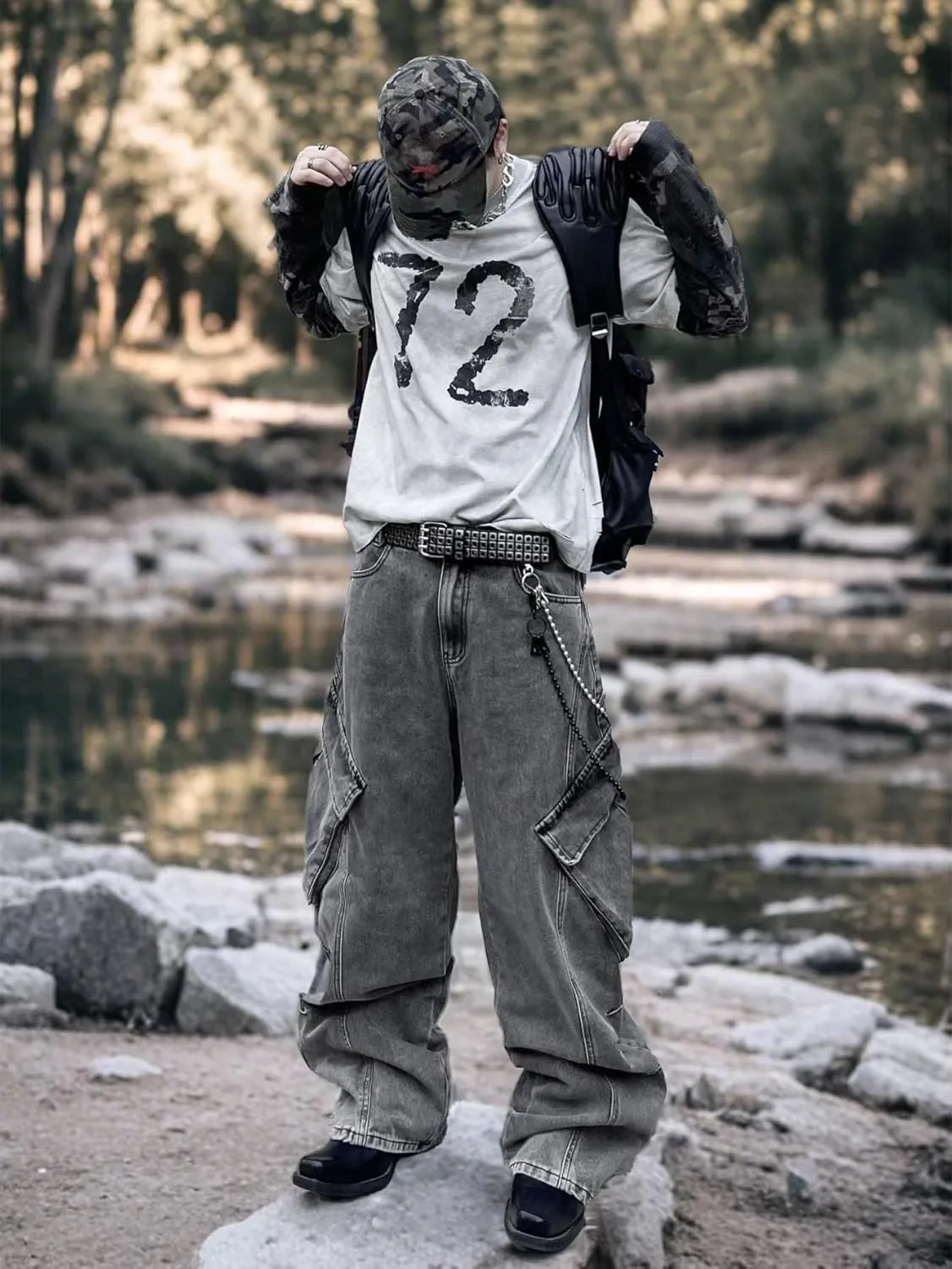 Mens Goth Baggy Cargo Jeans with Pockets Steampunk Patchwork Embroidery Wide Leg Denim Pants