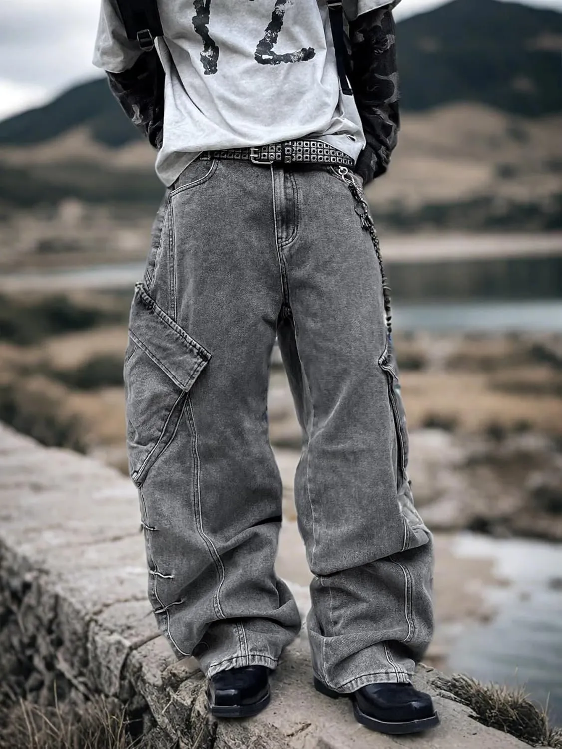 Mens Goth Baggy Cargo Jeans with Pockets Steampunk Patchwork Embroidery Wide Leg Denim Pants