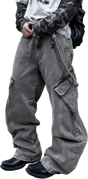 Mens Goth Baggy Cargo Jeans with Pockets Steampunk Patchwork Embroidery Wide Leg Denim Pants