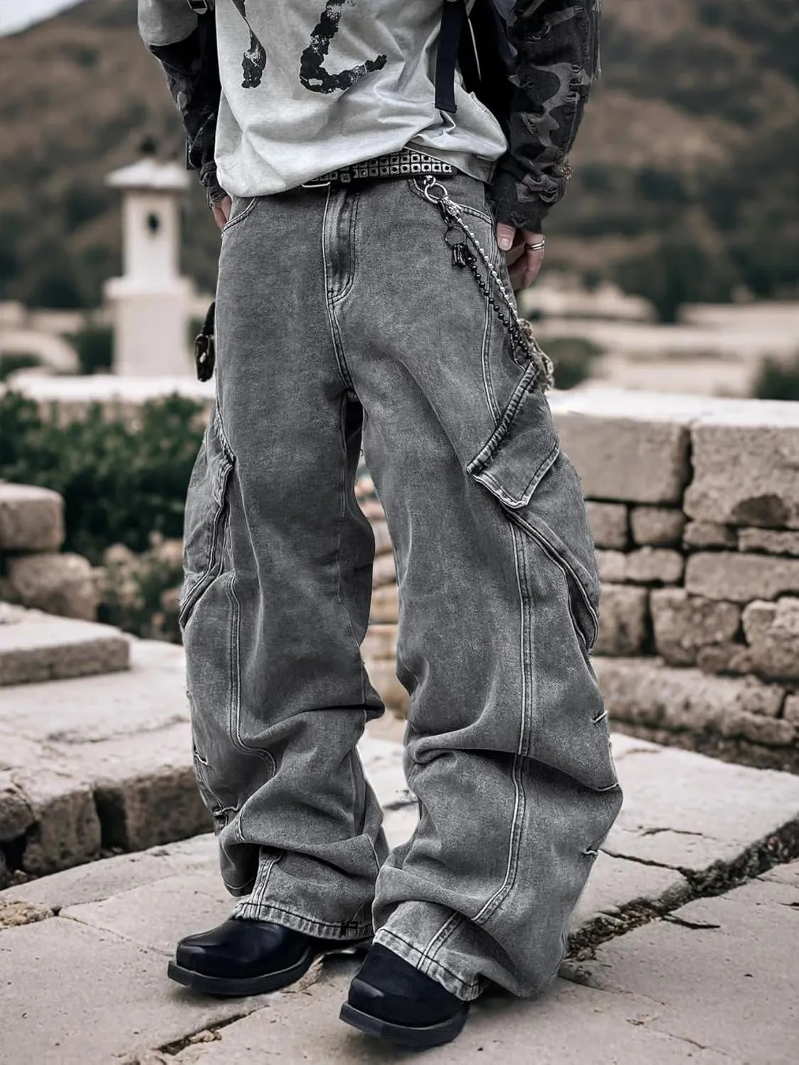 Mens Goth Baggy Cargo Jeans with Pockets Steampunk Patchwork Embroidery Wide Leg Denim Pants