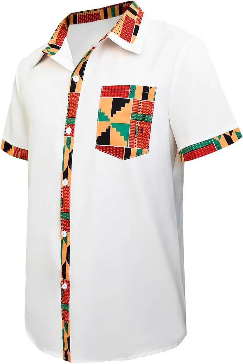 Men's Hipster African Printed Tribal Graphic Patchwork Design Short Sleeve Button up Shirt Mandarin Collar Shirts