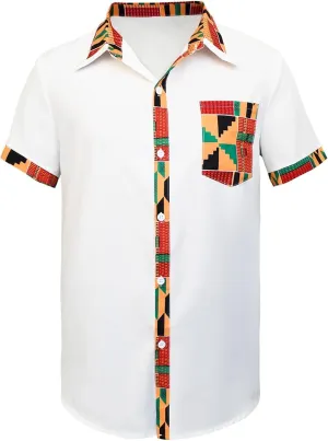 Men's Hipster African Printed Tribal Graphic Patchwork Design Short Sleeve Button up Shirt Mandarin Collar Shirts