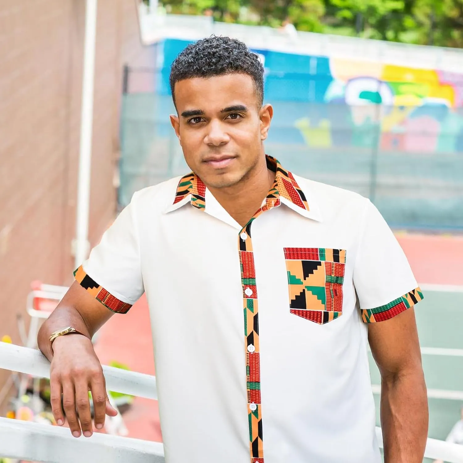 Men's Hipster African Printed Tribal Graphic Patchwork Design Short Sleeve Button up Shirt Mandarin Collar Shirts